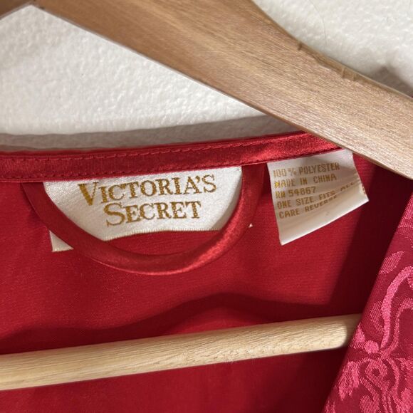 Victorias Secret Robe Womens One Size Red Satin Jacquard Floral Kimono Belted - Picture 5 of 10